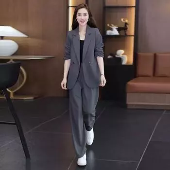 Женский комплект из 2 предметов: пальто и брюки, длинные рукава, кардиган с двумя пуговицами, куртка средней длины, свободные прямые широкие брюки с высокой талией, формальные M хаки