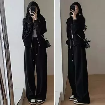 Женский комплект из 2 предметов: пальто, брюки, костюм с капюшоном, застежкой-молнией, длинный рукав, толстая плюшевая подкладка, куртка с эластичной талией на шнурке, широкие брюки с карманами M чёрный