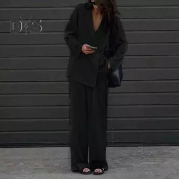 Женский комплект из 2 предметов: пальто и брюки, деловой стиль, однотонный, длинный рукав, свободный отложной воротник, широкие брюки, прямой женский комплект из пальто и брюк S зелёный