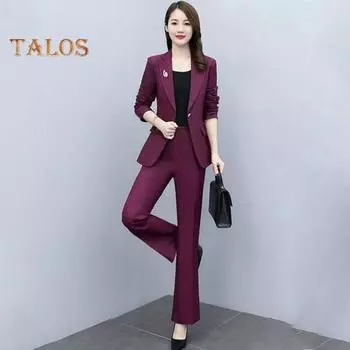 Женский комплект из 2 предметов: пальто и брюки, отложной воротник, длинные рукава, пиджак, облегающий крой, однотонные расклешенные брюки, повседневная одежда для поездок на работу и в офис M синий