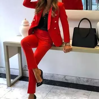 Женский комплект из 2 предметов: пальто и брюки, длинные рукава, декор на пуговицах, лацканы, кардиган средней длины, прямые брюки с высокой талией, деловой наряд 2XL красный