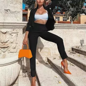 Женский комплект из 2 предметов: пальто и брюки, однотонный кардиган с длинными рукавами и лацканами, куртка средней длины с брюками и высокой талией, деловой деловой наряд для поездок на работу S темно-коричневого