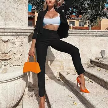 Женский комплект из 2 предметов: пальто и брюки, однотонный кардиган с длинными рукавами и лацканами, куртка средней длины с брюками и высокой талией, деловой деловой наряд для поездок на работу S жёлтый