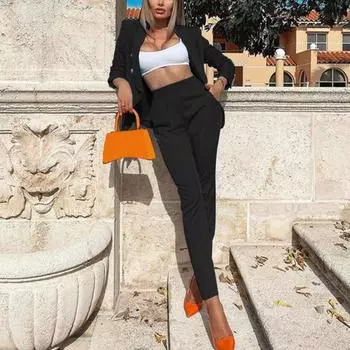 Женский комплект из 2 предметов: пальто и брюки, однотонный кардиган с длинными рукавами и лацканами, куртка средней длины с брюками и высокой талией, деловой деловой наряд для поездок на работу S темно-коричневого