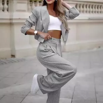 Женский комплект из 2 предметов: пальто и брюки, деловой стиль, отложной воротник, длинный рукав, куртка с высокой талией, полосатые широкие брюки, женский деловой наряд XXL чёрный