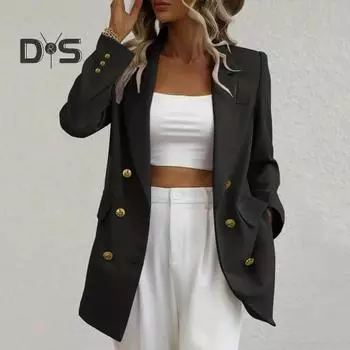 Женский комплект из 2 предметов: пиджак, брюки, формальный деловой стиль, прямой однотонный двубортный пиджак с широкими штанинами, длинный рукав, высокая талия, женское пальто 3XL чёрный