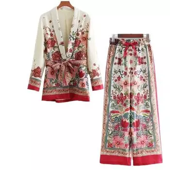 Женский комплект из 2 предметов: пиджак с поясом и широкими брюками, напечатанный пиджак + брюки, женская пижама S