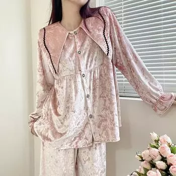 Женский комплект из 2 предметов пижамы, белый с длинным рукавом, осенне-зимний бархатный брючный комплект для сна, свободная велюровая домашняя одежда L белый