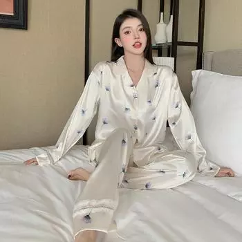 Женский комплект из 2 предметов пижамы, цветочная пижама из искусственного шелка и атласа, женская одежда для сна, рубашка с длинными рукавами и брюками, костюмы XL
