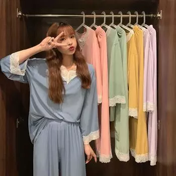 Женский комплект из 2 предметов пижамы из ледяного шелка, женская домашняя одежда, весна и осень, летние брюки с длинными рукавами, пижама для отдыха 40-70kg розовый