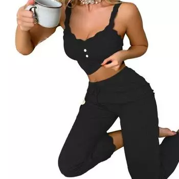 Женский комплект из 2 предметов пижамы на бретельках, сексуальный трикотажный комплект с кружевной отделкой, без рукавов, укороченный топ с V-образным вырезом, длинные брюки, домашняя одежда M чёрный