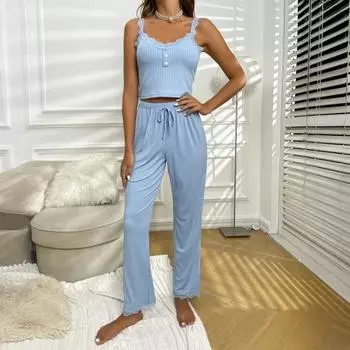 Женский комплект из 2 предметов пижамы на бретельках, сексуальный трикотажный комплект с кружевной отделкой, без рукавов S фиолетовый