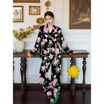 Женский комплект из 2 предметов пижамы с принтом, длинные рукава, эластичный пояс, брюки, женский комплект, повседневная пижама M чёрный