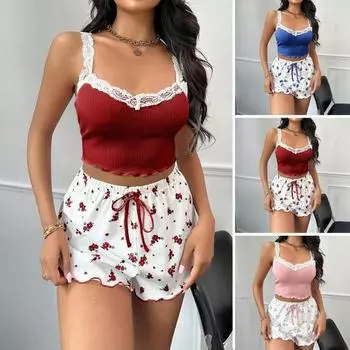Женский комплект из 2 предметов пижамы в рубчик, без рукавов, кружевной укороченный топ на бретельках и шорты с завязками на талии, летний комплект одежды для сна S розовый