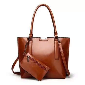 Женский комплект из 2 предметов, повседневная сумка-тоут, высококачественная масляная восковая мягкая кожа, элегантная офисная сумка и кошельки, черная роскошная сумка в стиле ретро, новинка 2022 года чёрный