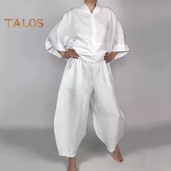 Женский комплект из 2 предметов, рубашка и брюки, полузастежка-молния, воротник-стойка, рукава девятый, широкие брюки, свободный однотонный комплект, повседневная одежда M белый