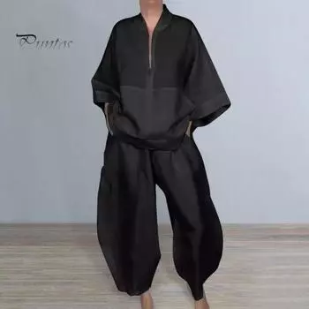 Женский комплект из 2 предметов, рубашка и брюки, полузастежка-молния, воротник-стойка, рукава девятый, широкие брюки, свободный однотонный комплект, повседневная одежда M белый