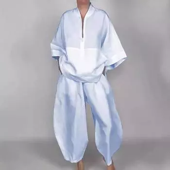 Женский комплект из 2 предметов, рубашка и брюки, полузастежка-молния, воротник-стойка, рукава девятый, широкие брюки, свободный однотонный комплект, повседневная одежда M светло-синий