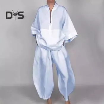 Женский комплект из 2 предметов, рубашка и брюки, полузастежка-молния, воротник-стойка, рукава девятый, широкие брюки, свободный однотонный комплект, повседневная одежда M жёлтый