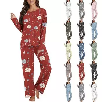 Женский комплект из 2 предметов с цветочным принтом, рубашка на пуговицах с длинными рукавами, широкие брюки-палаццо, одинаковые комплекты пижам XXL зелёный