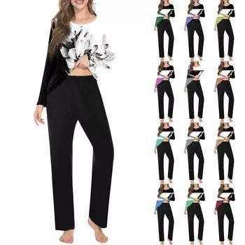 Женский комплект из 2 предметов с цветочным принтом, рубашка на пуговицах с длинными рукавами, широкие брюки-палаццо, одинаковые комплекты пижам L коричневый