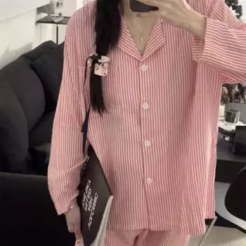 Женский комплект из 2 предметов с длинным рукавом, женский милый топ с геометрическим полосатым принтом, брюки, домашняя одежда, повседневная свободная ночная рубашка M розовый