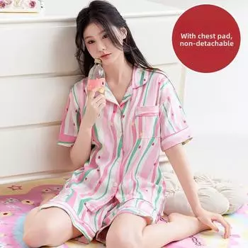Женский комплект из 2 предметов с нагрудником 2025 года, летняя пижама с коротким рукавом для женщин, тонкий хлопковый модный комплект для сна с радужным принтом, атласный кардиган, пижамный комплект M