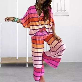 Женский комплект из 2 предметов с рукавами «летучая мышь» и V-образным вырезом на завязках S розовый/белый