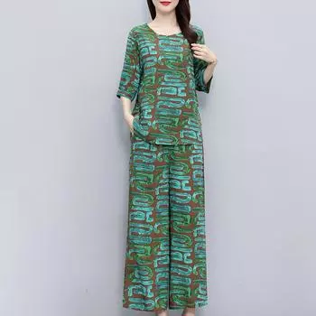 Женский комплект из 2 предметов с винтажным принтом, летняя одежда больших размеров, повседневные свободные элегантные комплекты с брюками, летняя одежда XL