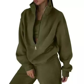 Женский комплект из 2 предметов, спортивный костюм, большой свитшот на молнии с длинными рукавами и брюки-карандаш, комплект спортивных штанов с широкими штанинами, спортивный костюм L армия зеленый