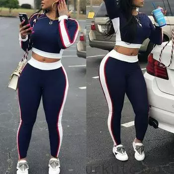 Женский комплект из 2 предметов, спортивный костюм для фитнеса, йоги, спорта, повседневная уличная одежда, укороченный топ с длинными рукавами + лоскутные брюки с высокой талией, леггинсы S чёрный