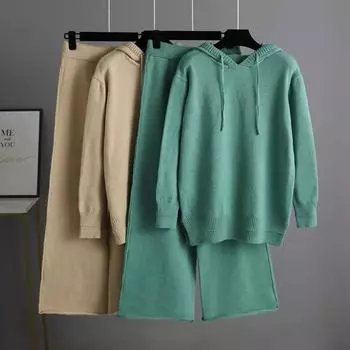 Женский комплект из 2 предметов: свитер, длинный рукав, трикотажный свитер с капюшоном, топ, широкие брюки, спортивный костюм, осенне-зимний спортивный костюм для отдыха, подходящие комплекты для женщин one size fits all хаки