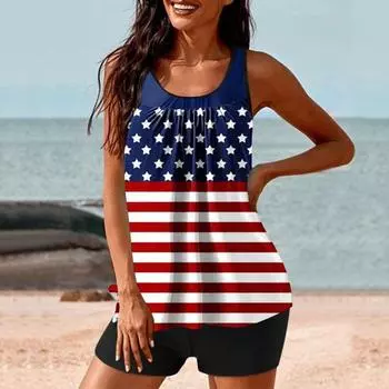 Женский комплект из 2 предметов танкини с принтом в виде американского Дня независимости, однотонные шорты для плавания S красный/синий