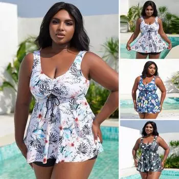 Женский комплект из 2 предметов танкини с глубоким V-образным вырезом, завязками на талии, струящимся подолом, плавками и высокой талией, раздельным купальником XXXL белый