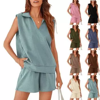 Женский комплект из 2 предметов, толстовка без рукавов и шорты, повседневная спортивная одежда с карманами L армия зеленый