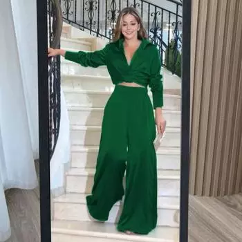 Женский комплект из 2 предметов: топ, брюки, низкий вырез, V-образный вырез, отложной воротник, плиссированная короткая рубашка, высокая талия, широкие брюки с глубоким шаговым швом, наряд для свиданий и поездок на работу S синий