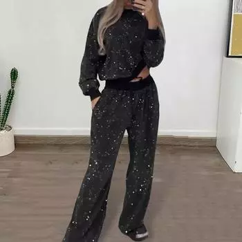 Женский комплект из 2 предметов: топ, брюки, блестки, круглый вырез, длинные рукава с эластичными манжетами, эластичные широкие брюки с высокой талией, повседневный повседневный наряд S чёрный