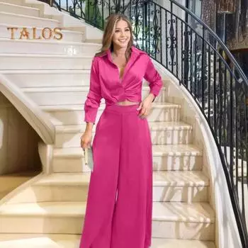 Женский комплект из 2 предметов: топ, брюки, низкий вырез, V-образный вырез, отложной воротник, плиссированная короткая рубашка, высокая талия, широкие брюки с глубоким шаговым швом, наряд для свиданий и поездок на работу S синий