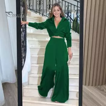 Женский комплект из 2 предметов: топ, брюки, низкий вырез, V-образный вырез, отложной воротник, плиссированная короткая рубашка, высокая талия, широкие брюки с глубоким шаговым швом, наряд для свиданий и поездок на работу S синий