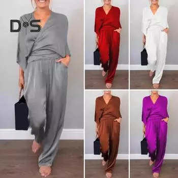 Женский комплект из 2 предметов: топ, брюки, V-образный вырез, длинные рукава, блузка с перекрещивающимися бретелями, высокая талия, плиссированные широкие брюки, формальный наряд для поездок на работу на весну и лето 2XL светло-коричневого