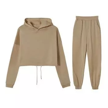 Женский комплект из 2 предметов: топ и брюки, капюшон, длинный рукав, завязка на талии, эластичные брюки с высокой талией, спортивный костюм для фитнеса S хаки