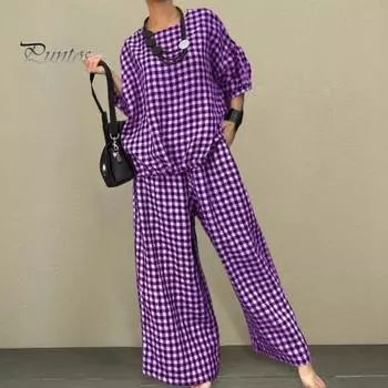 Женский комплект из 2 предметов: топ и брюки, клетчатый принт, рукава три четверти, круглый вырез, разрез сзади, футболка, широкие брюки, эластичный пояс, свободные повседневные брюки M коричневый