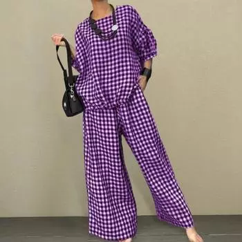 Женский комплект из 2 предметов: топ и брюки, клетчатый принт, рукава три четверти, круглый вырез, разрез сзади, футболка, широкие брюки, эластичный пояс, свободные брюки, повседневная одежда M коричневый