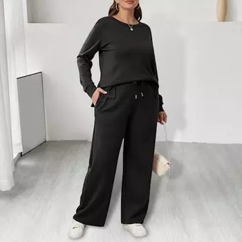 Женский комплект из 2 предметов: топ и брюки, круглый вырез, длинные рукава, разрез, низ, толстовка с эластичной резинкой на талии, широкие спортивные штаны, спортивный костюм, осенний повседневный спортивный костюм S чёрный