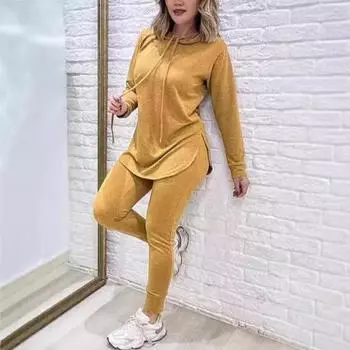 Женский комплект из 2 предметов: топ и брюки, капюшон, длинные рукава, однотонный свитшот с разрезом, эластичный пояс, облегающие брюки, спортивный костюм, осенне-весенний спортивный костюм XXXL зелёный