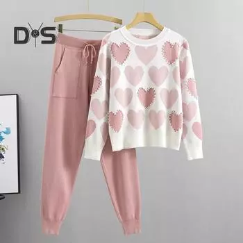 Женский комплект из 2 предметов: топ и брюки, принт в виде сердца, декор из бисера, круглый вырез, длинные рукава, толстовка с эластичной резинкой на талии, спортивные штаны, спортивный наряд на осень S синий