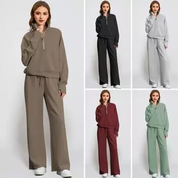 Женский комплект из 2 предметов: топ и брюки, полузастежка-молния, отложной воротник, длинные рукава, толстовка с эластичной резинкой на талии, широкие спортивные штаны, спортивный костюм, повседневный спортивный костюм L хаки