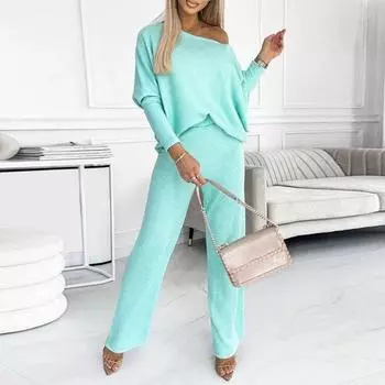 Женский комплект из 2 предметов: топ и брюки, круглый вырез, длинные рукава, толстовка с эластичной резинкой на талии, широкие спортивные штаны, спортивный костюм, осенний повседневный спортивный костюм M небесно-голубой