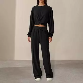 Женский комплект из 2 предметов: топ и брюки, круглый вырез, длинный рукав, укороченный топ, эластичная резинка на талии, широкие спортивные штаны, спортивный костюм на весну и осень S зелёный