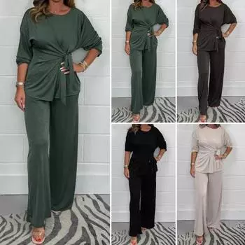 Женский комплект из 2 предметов: топ и брюки, круглый вырез, длинные рукава, шнуровка, плиссированная блузка, эластичный пояс, широкие брюки, повседневный спортивный костюм на осень и весну S